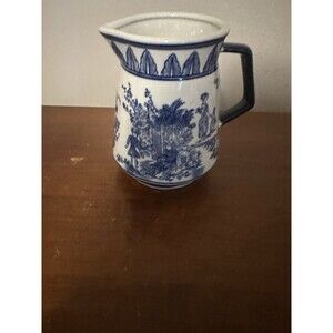White Blue Ceramic Pitcher Transferware Pastoral Scene Dark Blue Handle